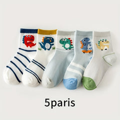 5 Pairs Boys Dino Pattern Crew Socks Breathable Mesh Kids Spring Socks