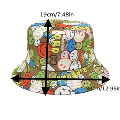 Smiling Face Print Bucket Hat Hip Hop Cartoon Basin Hat Unisex Sunshade Fisherma