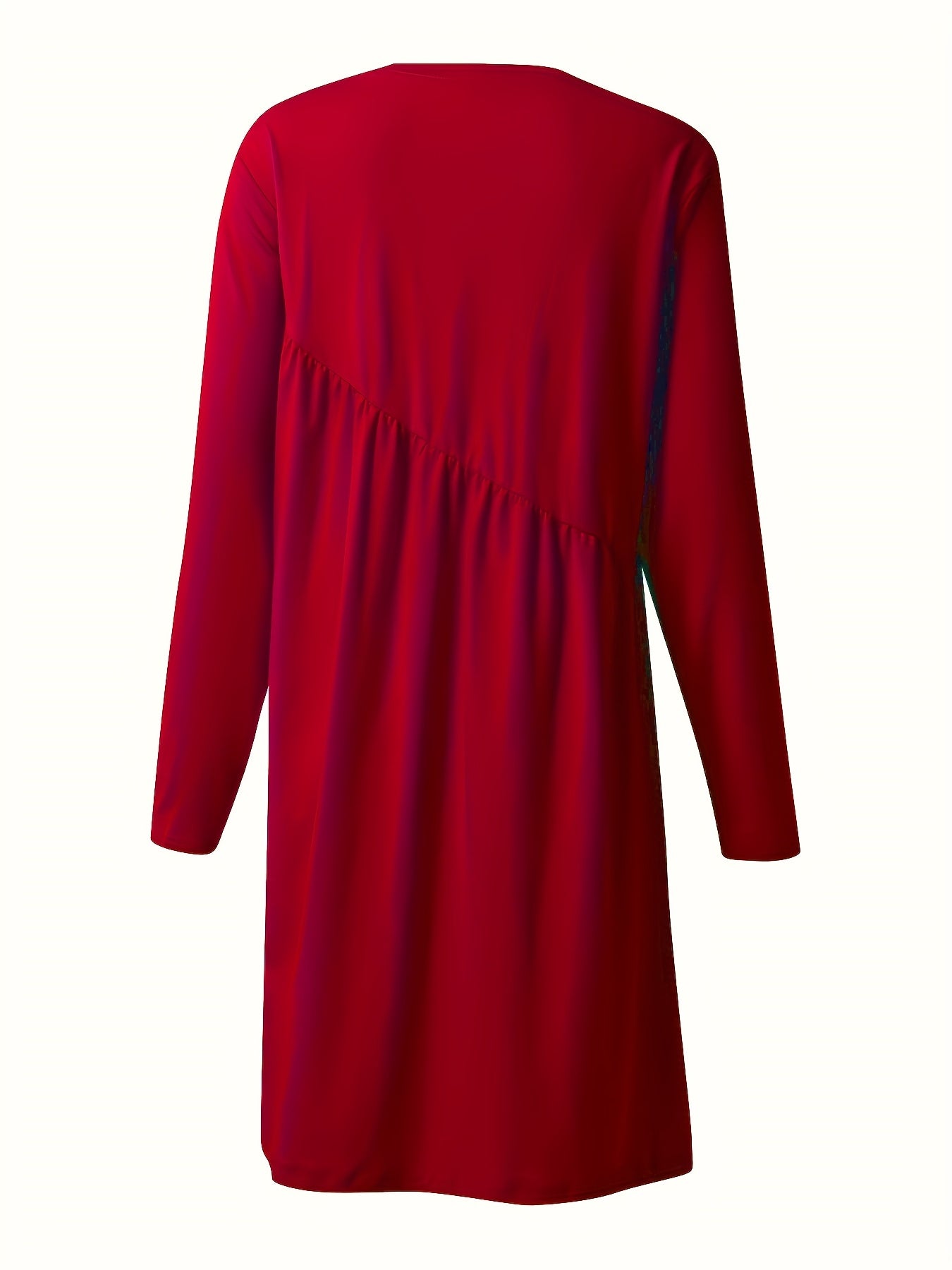 Solid Long Sleeve Tucked Dress Casual Crew Neck Dress For Spring & Fall