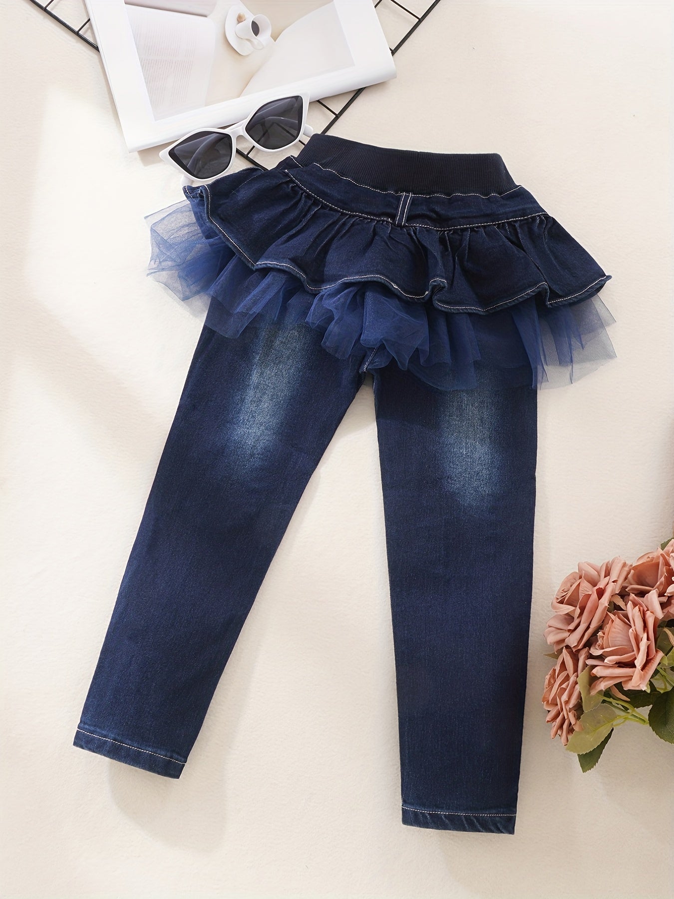 Girls Ruffled Tutu Knee Patch Jeans Kid Girls Casual Denim Pants