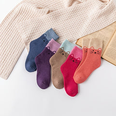 5 Pairs Winter Thick & Warm Kitty Cartoon Crew Length Socks