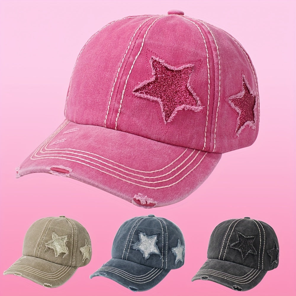 Glitter Star Ripped Baseball Cap Ponytail Washed Distressed Dad Hat
