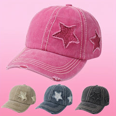 Glitter Star Ripped Baseball Cap Ponytail Washed Distressed Dad Hat