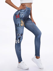 Women's Faux Denim Floral Yoga Pants High Waist Leggings