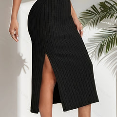 Ribbed Side Split Maxi Skirt
