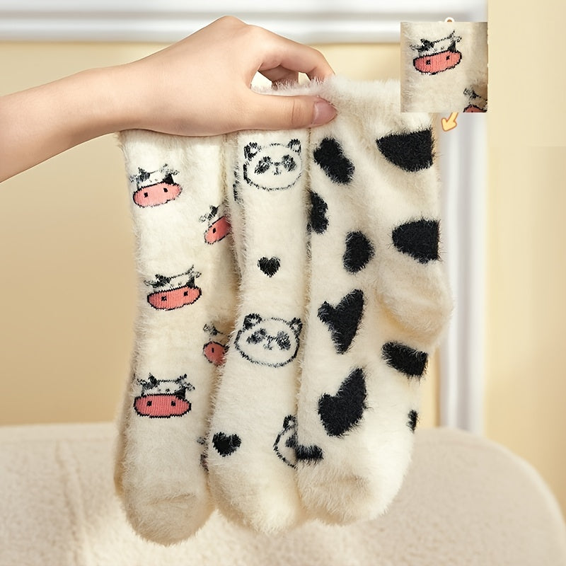3 Pairs Cartoon Animal PomPom Socks - Women's Crew Length Stockings