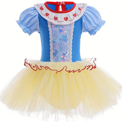 Girl's Cotton Tulle Tutu Mesh Puff Sleeve Ballet Dance Princess Dress