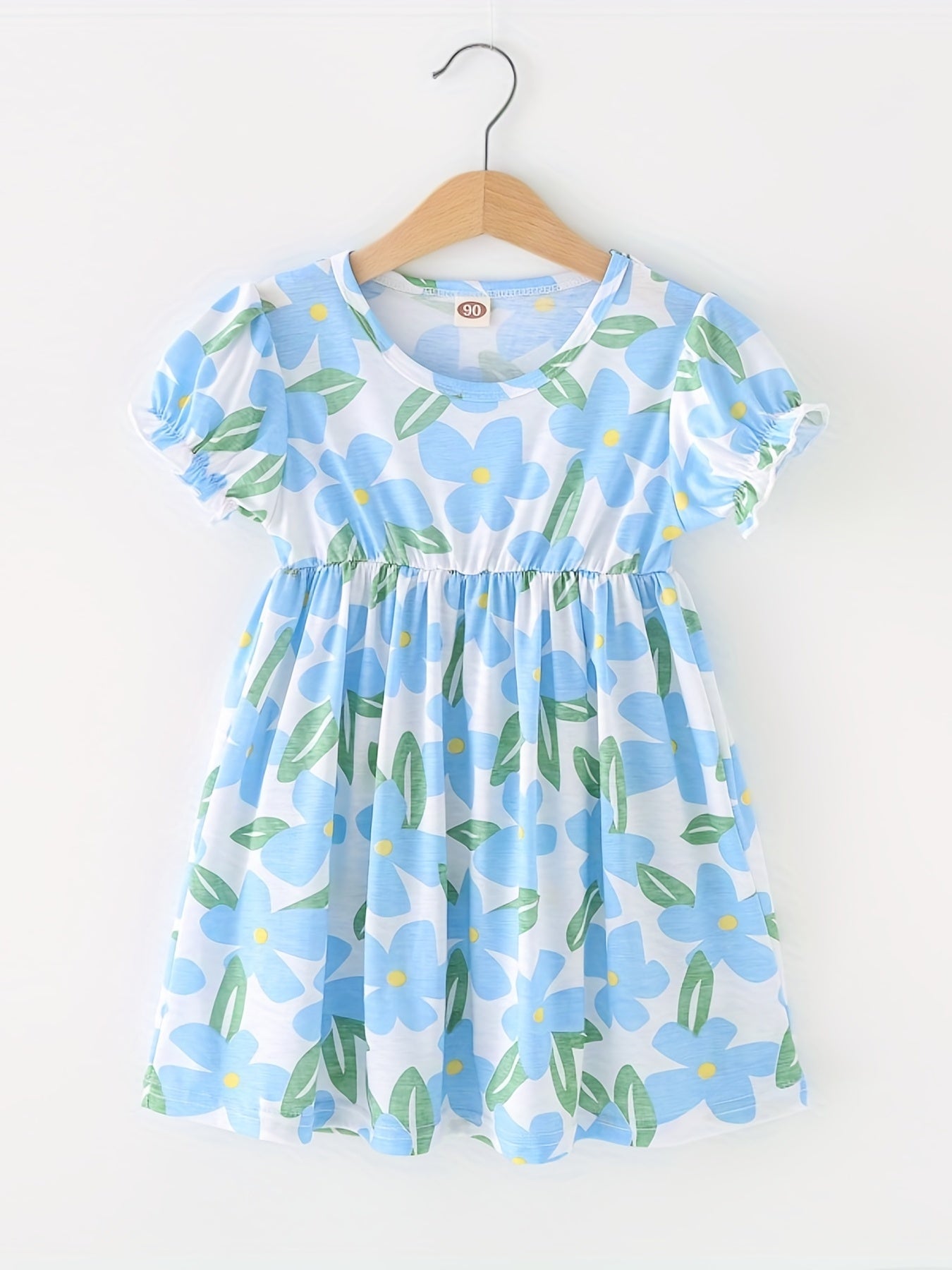 Floral Print Cotton Dress Toddler Girls Round Neck Swing Comfortable
