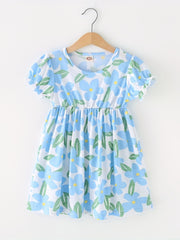 Floral Print Cotton Dress Toddler Girls Round Neck Swing Comfortable