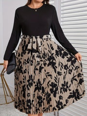 Colorblock Floral Print Long Sleeve Round Neck Dress