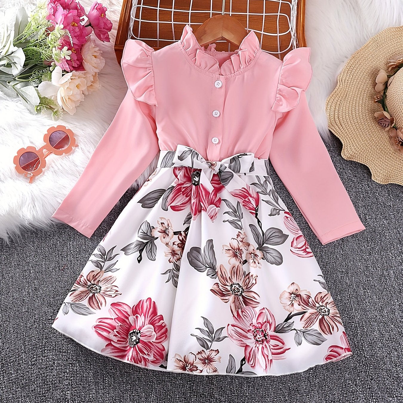 Girls' Ruffle Collar Button Front Floral Tunic Dress
