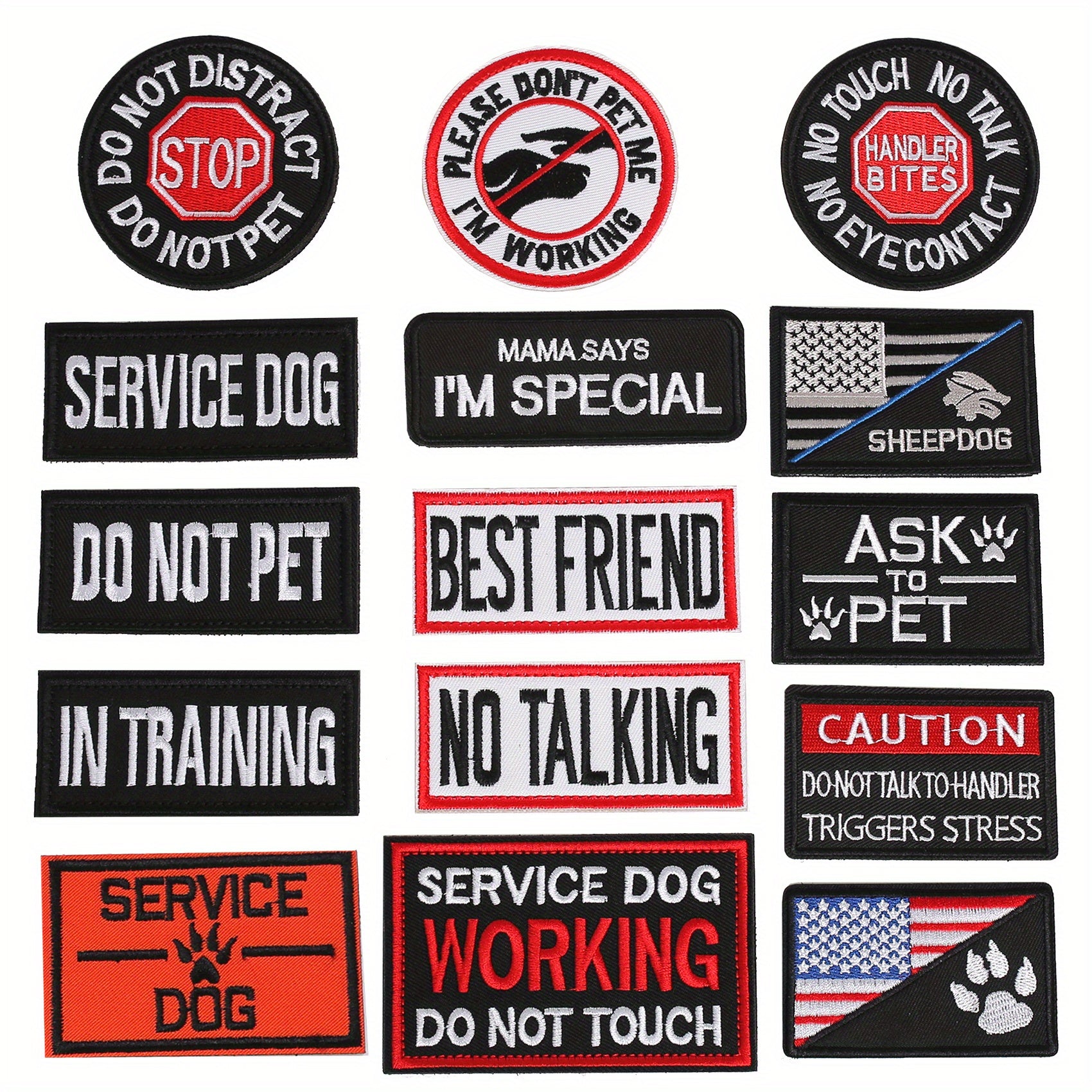 J CARP 15pcs Service Dog Patches Embroidered Fastener Hook And Loop Patch