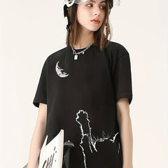 Cat And Moon Graphic Short Sleeve Top Printed T shirt Women's Activewear