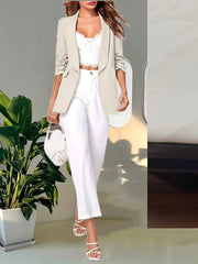 Lapel Collar Open Front Blazer Roll Up Sleeve Blazer