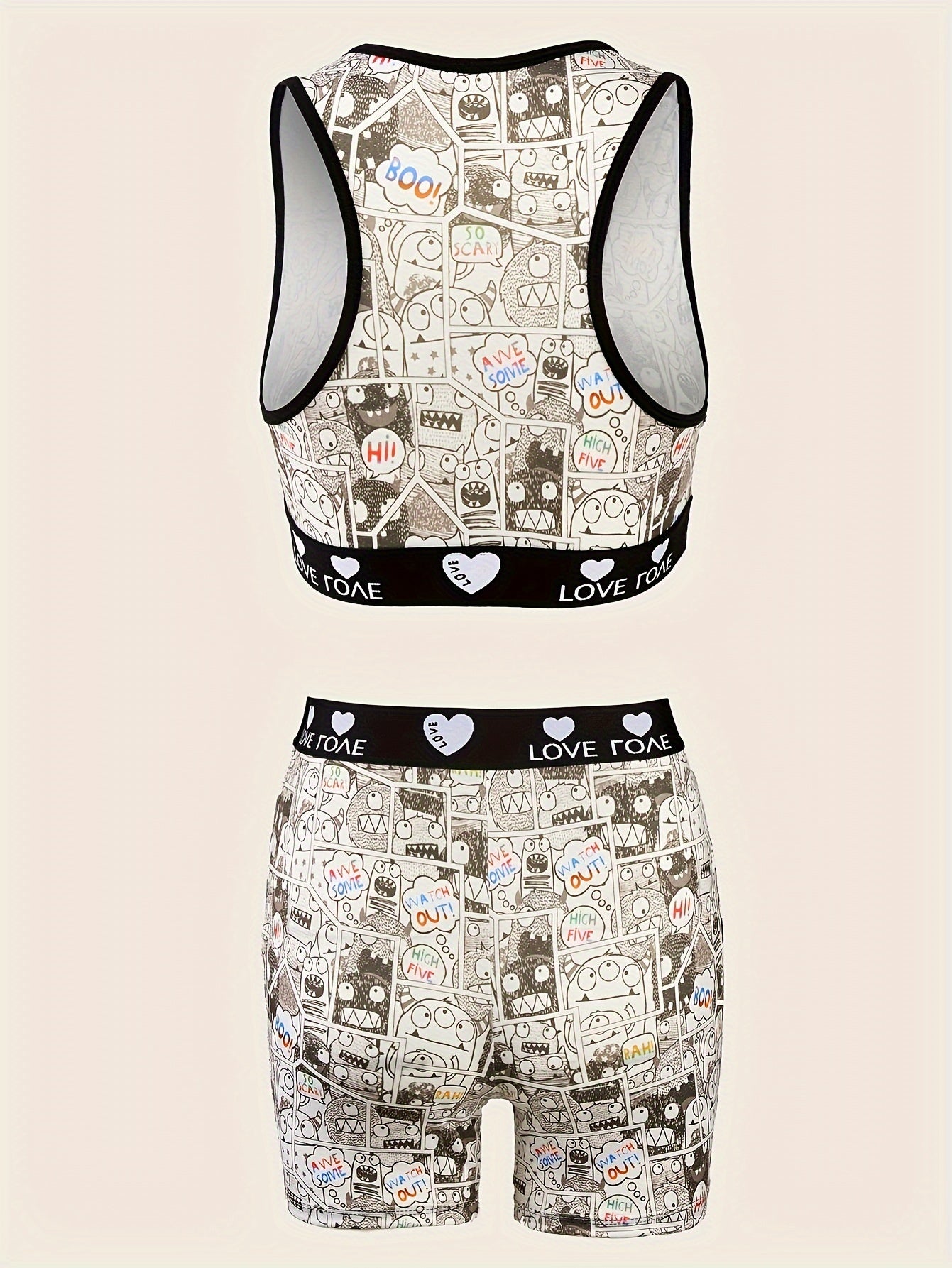 Cartoon Print Bra & Panties Set Full Coverage Sports Bra & Elastic Panties