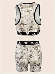 Cartoon Print Bra & Panties Set Full Coverage Sports Bra & Elastic Panties