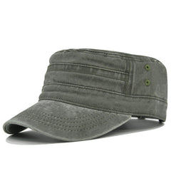 Vintage Washed Cotton Military Cadet Flat Top Cap Adjustable Hat