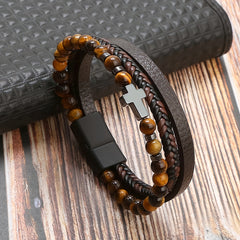 Men's Stone Stainless Steel Leather Cross Bracelet