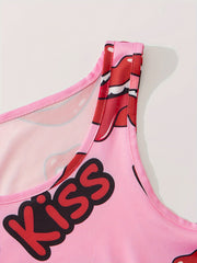 Lips Print Pajama Set Crew Neck Tank Top & Shorts