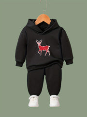 Girls Cartoon Deer Pattern Hooded Sweatshirt and Sweatpants Set