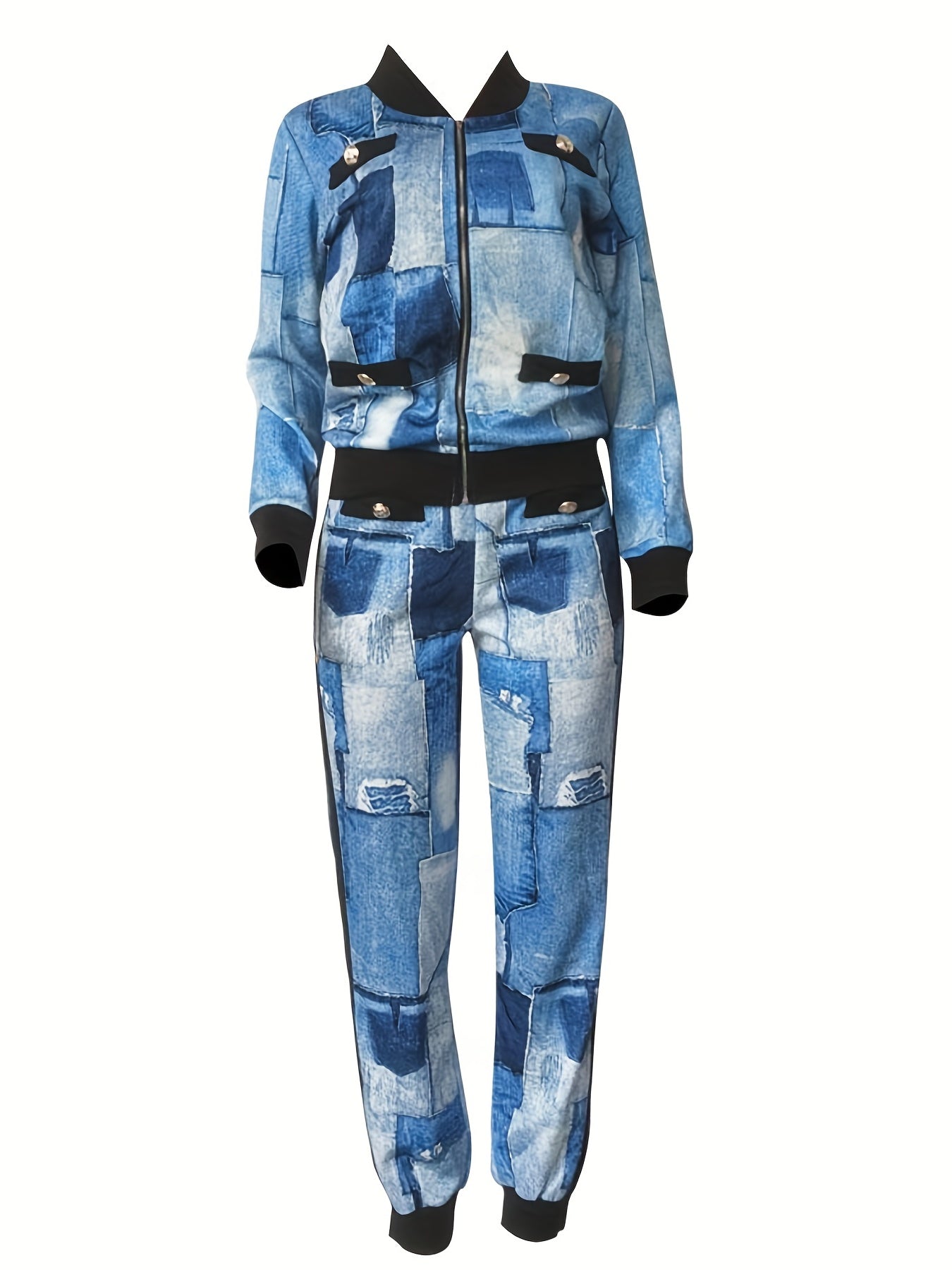 Denim Patchwork Print Jacket & Joggers Set Women's Plus 2pcs Outfits