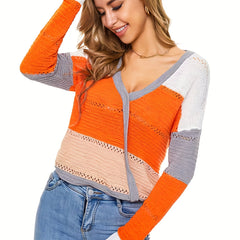 V Neck Eyelet Sweater Long Sleeve Block Casual Sweater