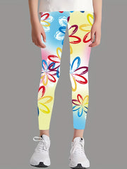 Girls Butterfly Flower Print Leggings Outdoor Casual Stretchy Pants