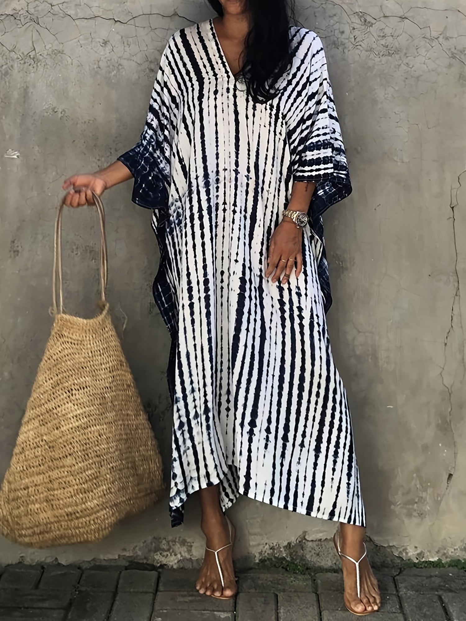 Stripes Print V Neck Beach Cover Up Dress Loose Fit Half Sleeves