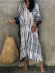 Stripes Print V Neck Beach Cover Up Dress Loose Fit Half Sleeves