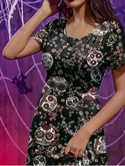 Halloween Casual Dress Women's Plus Skull & Floral Print Short Sleeve