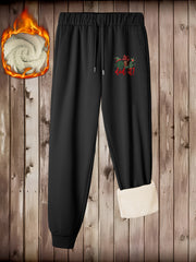 Christmas Casual Pants Women's Plus Letter Print Fleece Liner Elastic