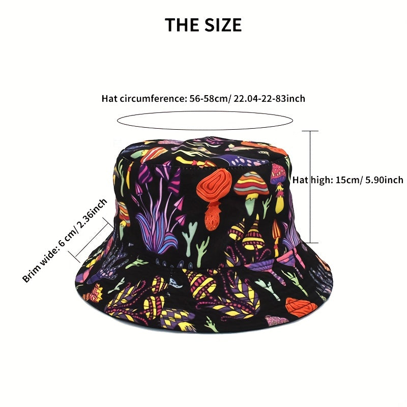 Y2K Mushroom Print Bucket Hat Hip Hop Casual Cartoon Basin Hat