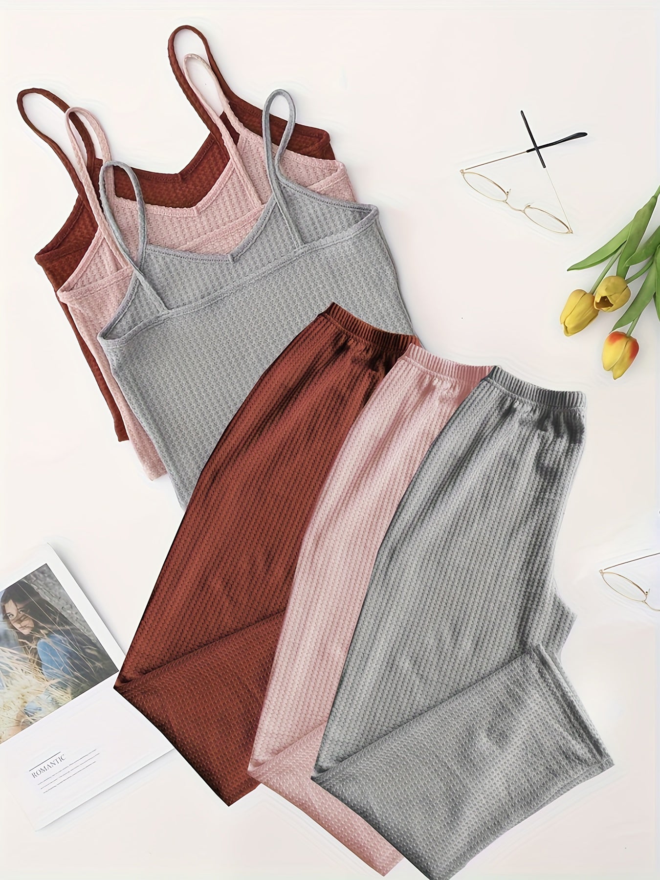 3-Piece Waffle Lounge Set Sleeveless Top & Elastic Pants
