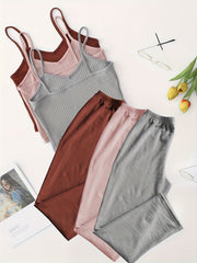 3-Piece Waffle Lounge Set Sleeveless Top & Elastic Pants