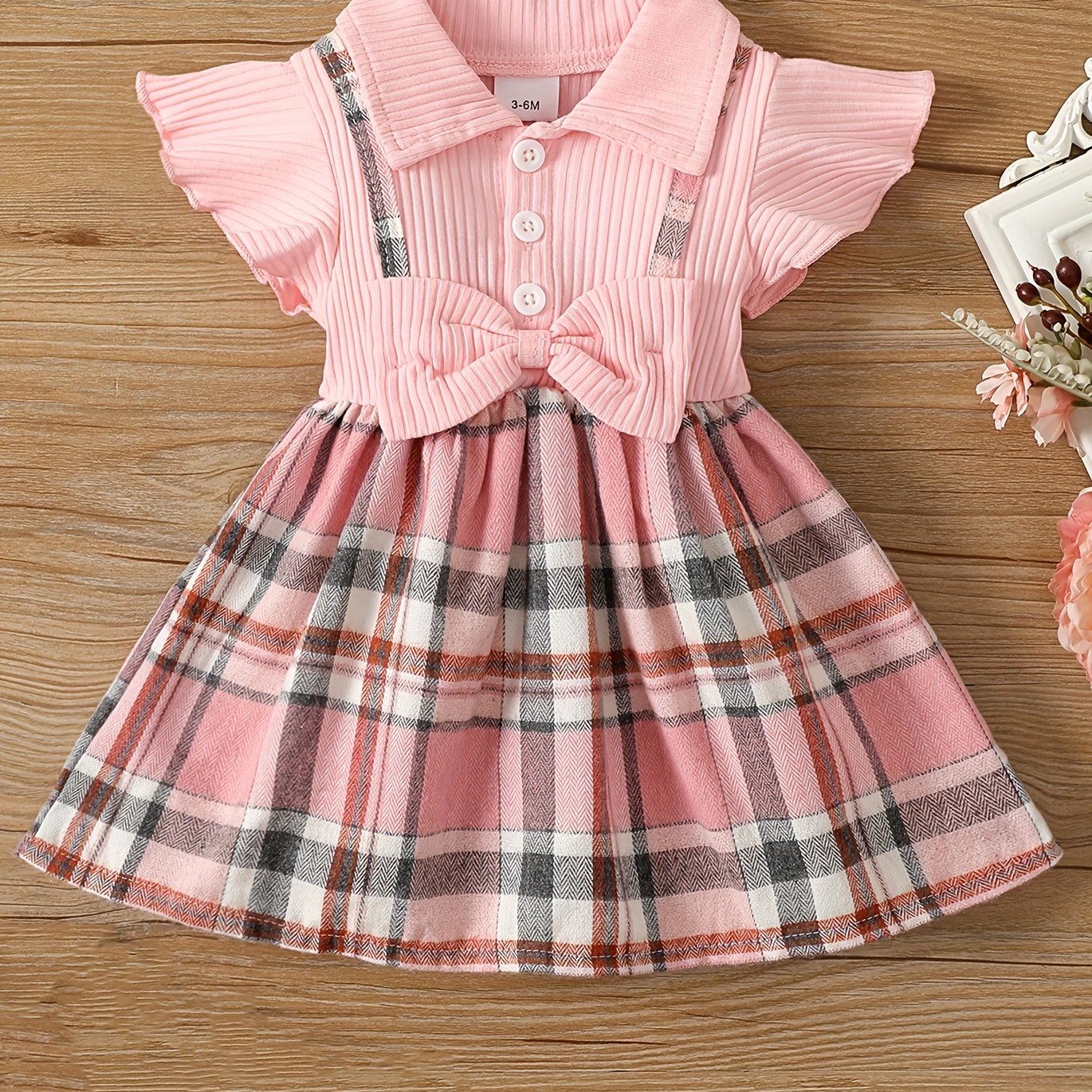Baby Girls Plaid Bowknot Decor Dress Ruffled Sleeves Princess Dresses