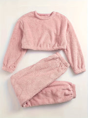 Fuzzy Fleece Pajamas Set Crew Neck Crop Top & Joggers