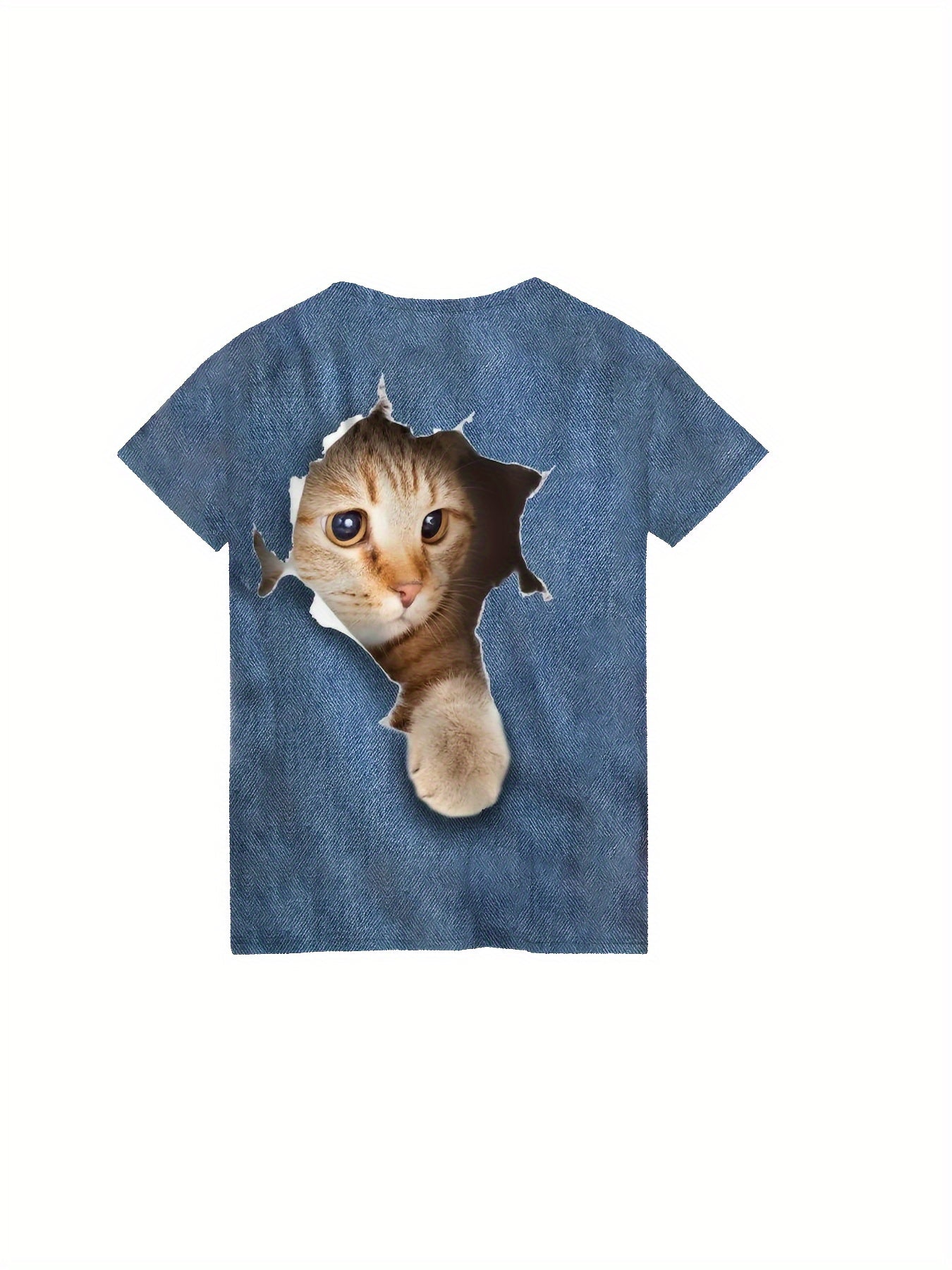 3D Cat Graphic Crew Neck Tee Girls Casual Pullover Top