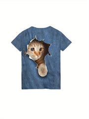 3D Cat Graphic Crew Neck Tee Girls Casual Pullover Top