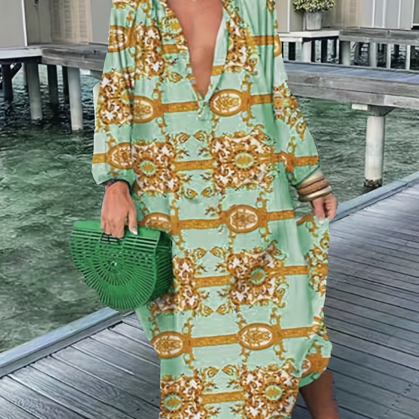 Boho Dress Women's Plus Graphic Print Lantern Sleeve Button Up Notched Neck