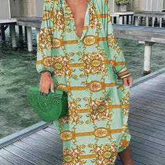 Boho Dress Women's Plus Graphic Print Lantern Sleeve Button Up Notched Neck