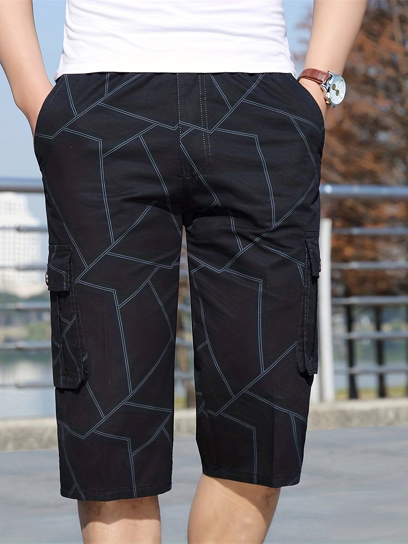 Geometric Pattern Cotton Cargo Shorts Men's Casual Pocket Waist Drawstring Cargo
