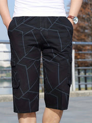 Geometric Pattern Cotton Cargo Shorts Men's Casual Pocket Waist Drawstring Cargo