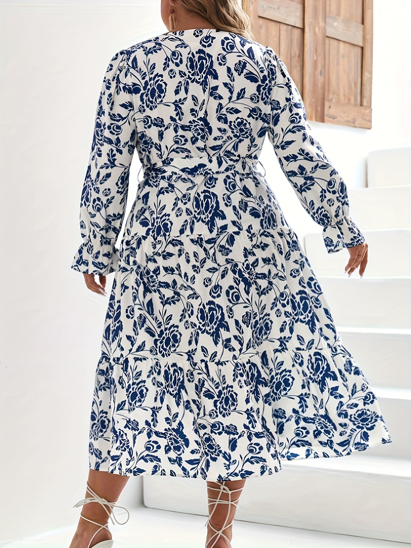 Floral Lantern Sleeve V Neck Midi Dress