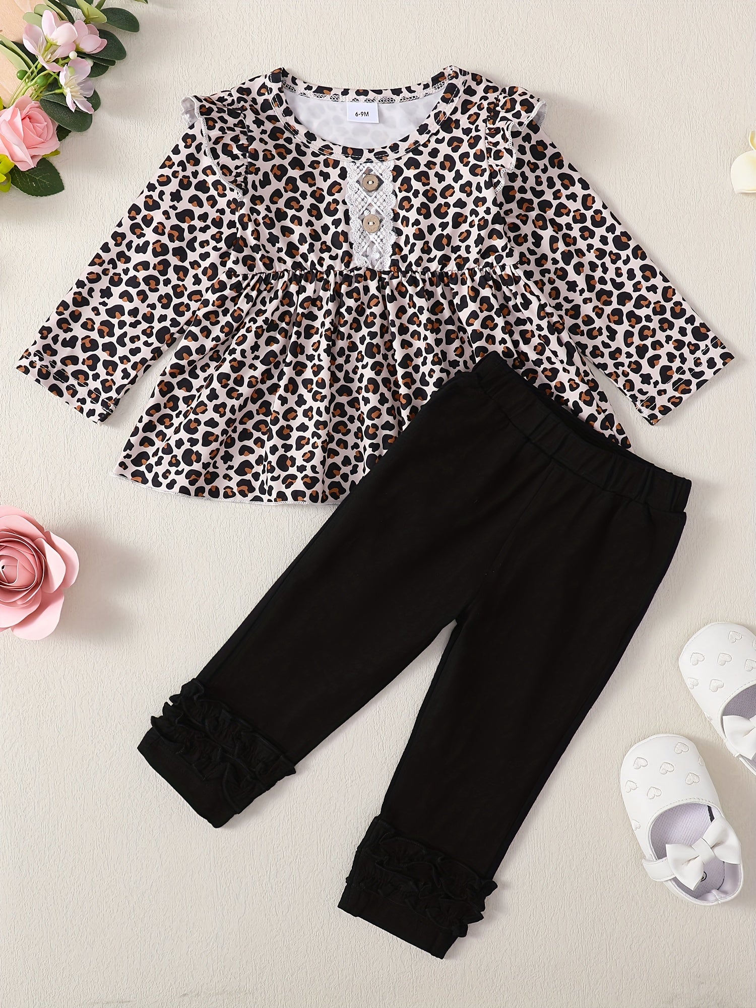 2pcs Baby Girl Flower Print Dress Top & Trousers Set