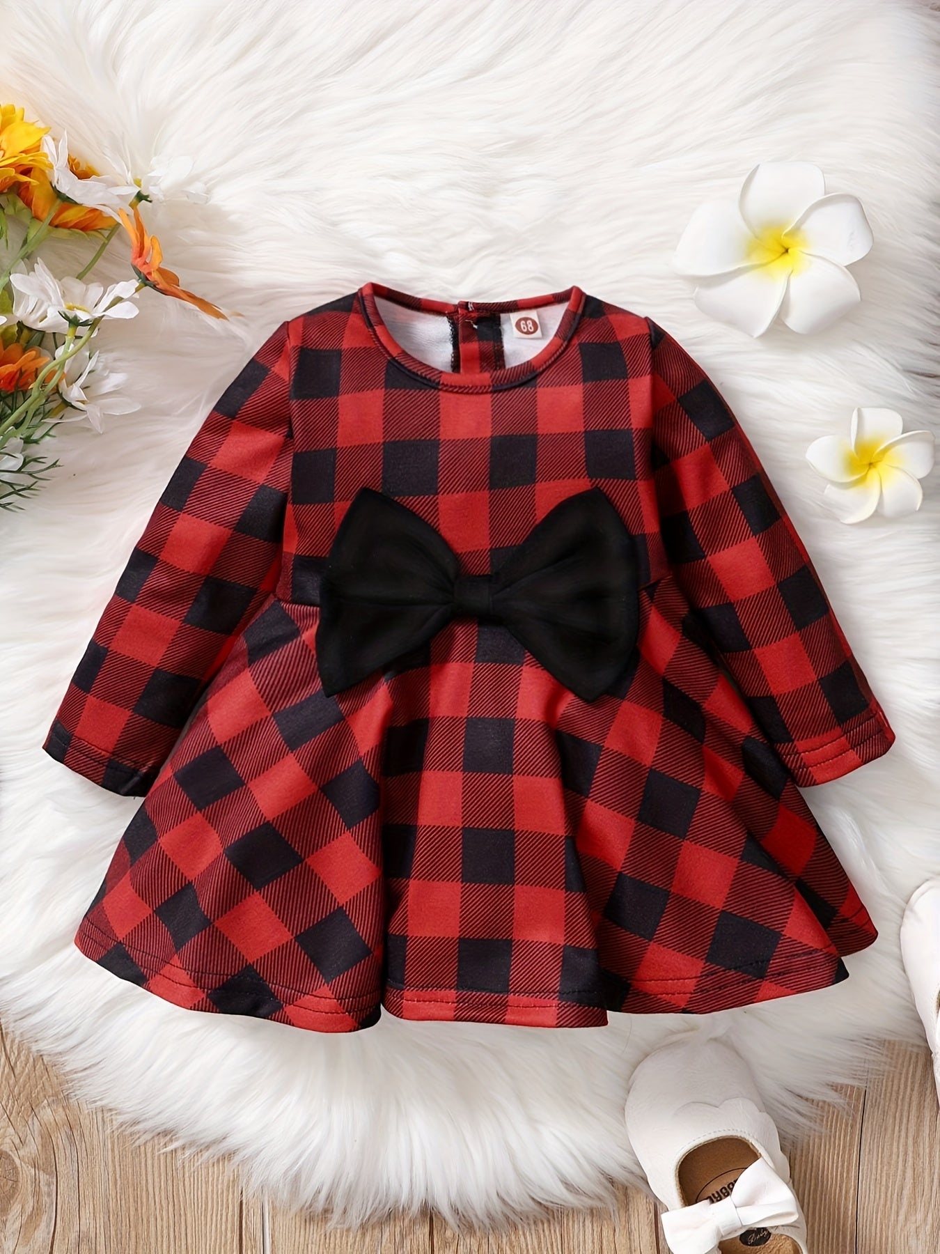 Baby Girls Christmas Plaid Dress Big Bow Long Sleeve Puffy