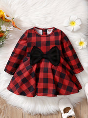 Baby Girls Christmas Plaid Dress Big Bow Long Sleeve Puffy