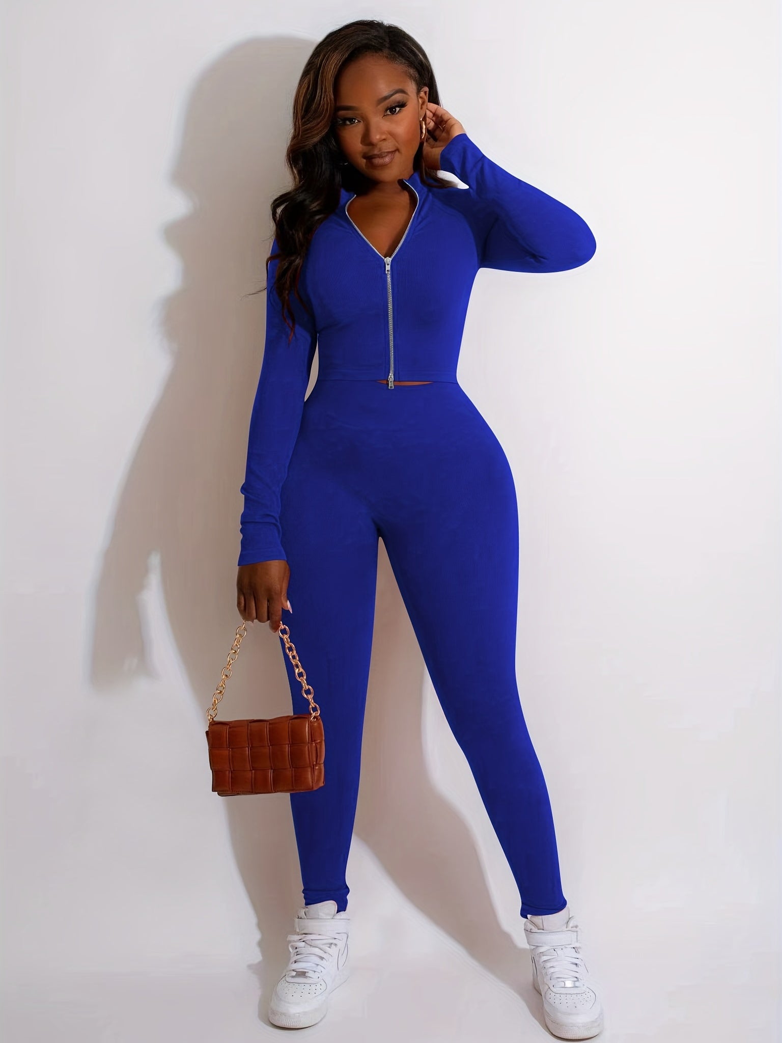 Casual Two-piece Set Zip Up Outerwear & High Waist Pants