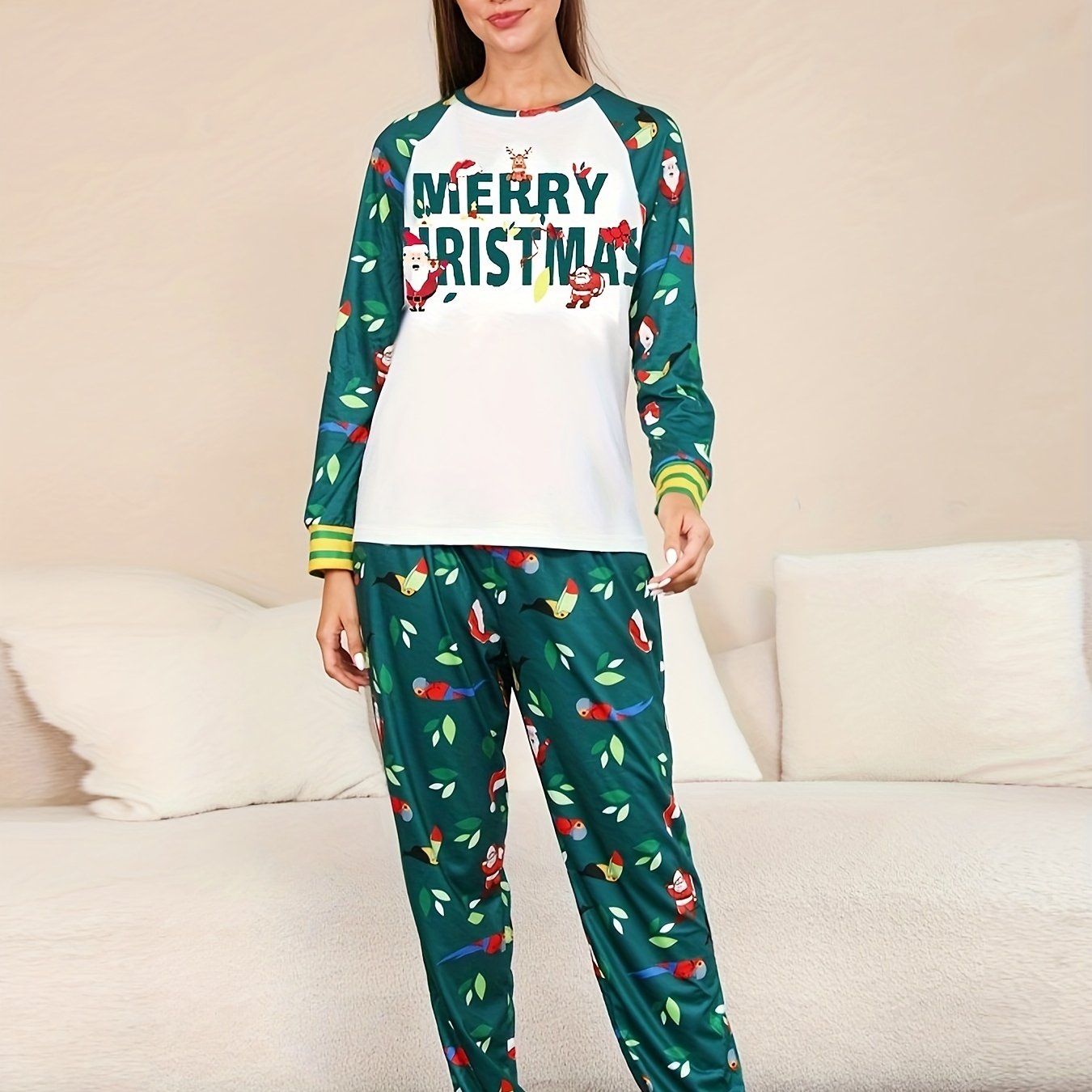Cartoon Print Christmas Pajama Set Long Sleeve Crew Neck Top