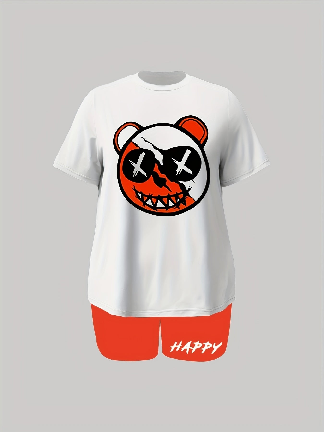 Women's Plus Bear Print T Shirt & Shorts Two Piece Set