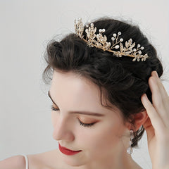 Alloy Leaf Rhinestone Headband Faux Pearl Crown Hair Accessories